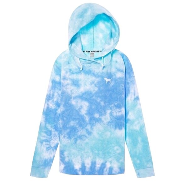 Victoria's Secret PINK Sz Medium Campus Funnel Neck Pullover Hoodie Blue Tie-Dye - Picture 13 of 14